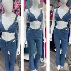 Blue Denim Studded Bralette and Flare Jeans Set